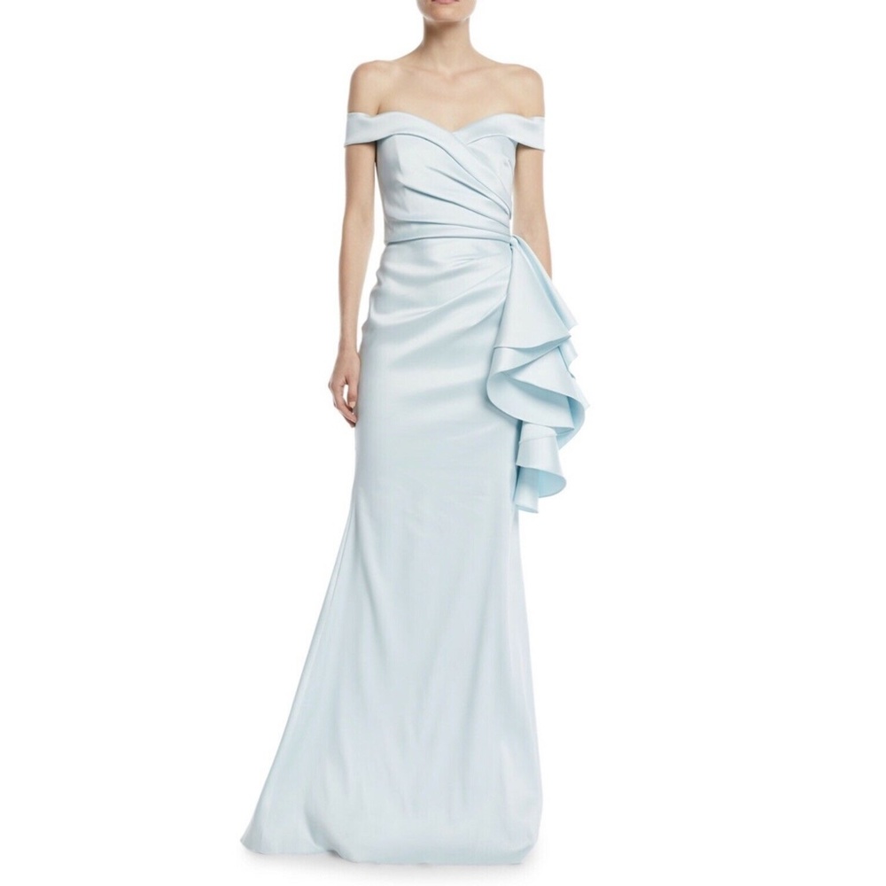 Badgley Mischka Off Shoulder Side Ruffle Gown